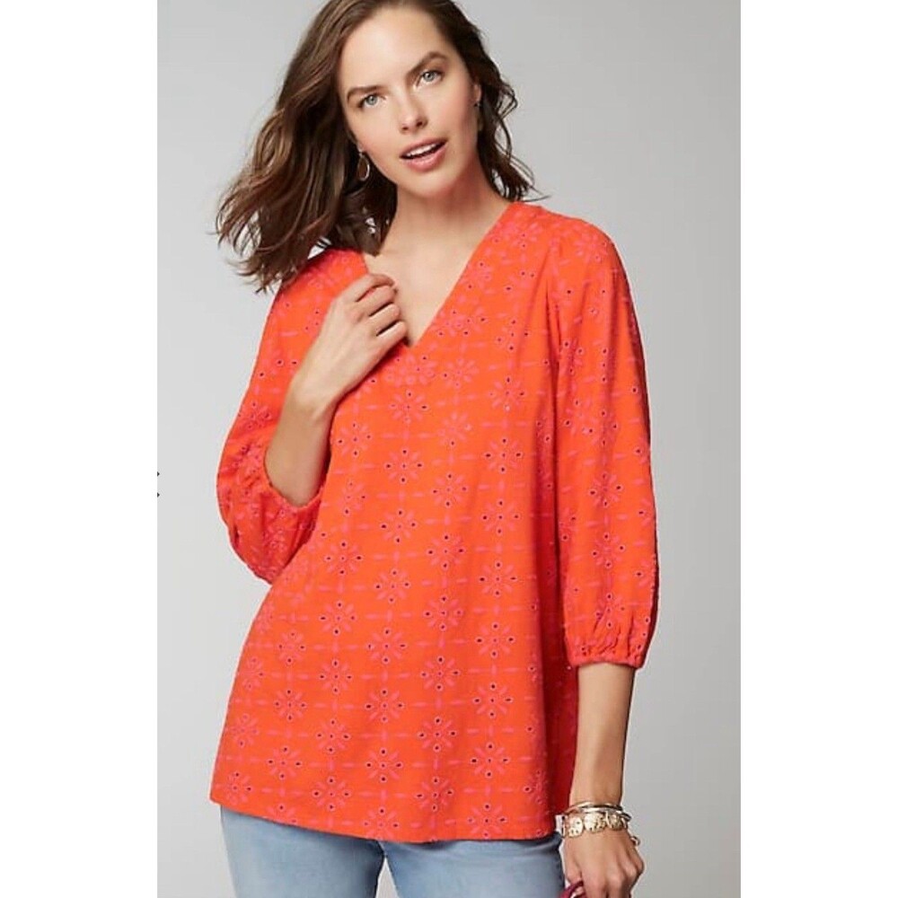 J JILL Women's M Orange Pink Embroidered Eyelet Floral Split Neck Boho Tunic Top